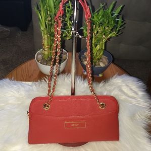 DKNY saffiano leather red chain-trimmed shoulder bag EUC
